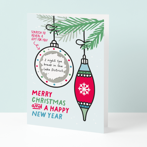 Christmas card with festive ornaments and text on a light blue background