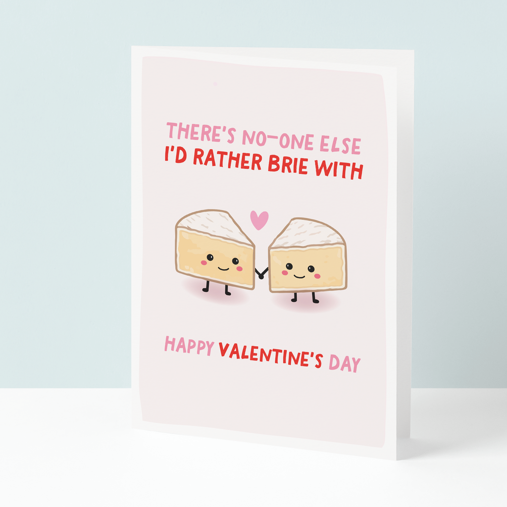 Valentine's Day card with cartoon cheese characters and humorous text on a light blue background