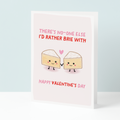 Valentine's Day card with cartoon cheese characters and humorous text on a light blue background