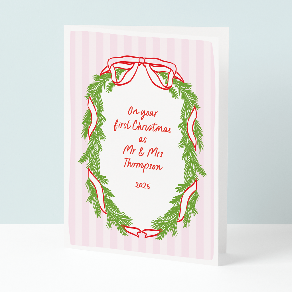 Retro Wreath Mr & Mrs First Christmas card