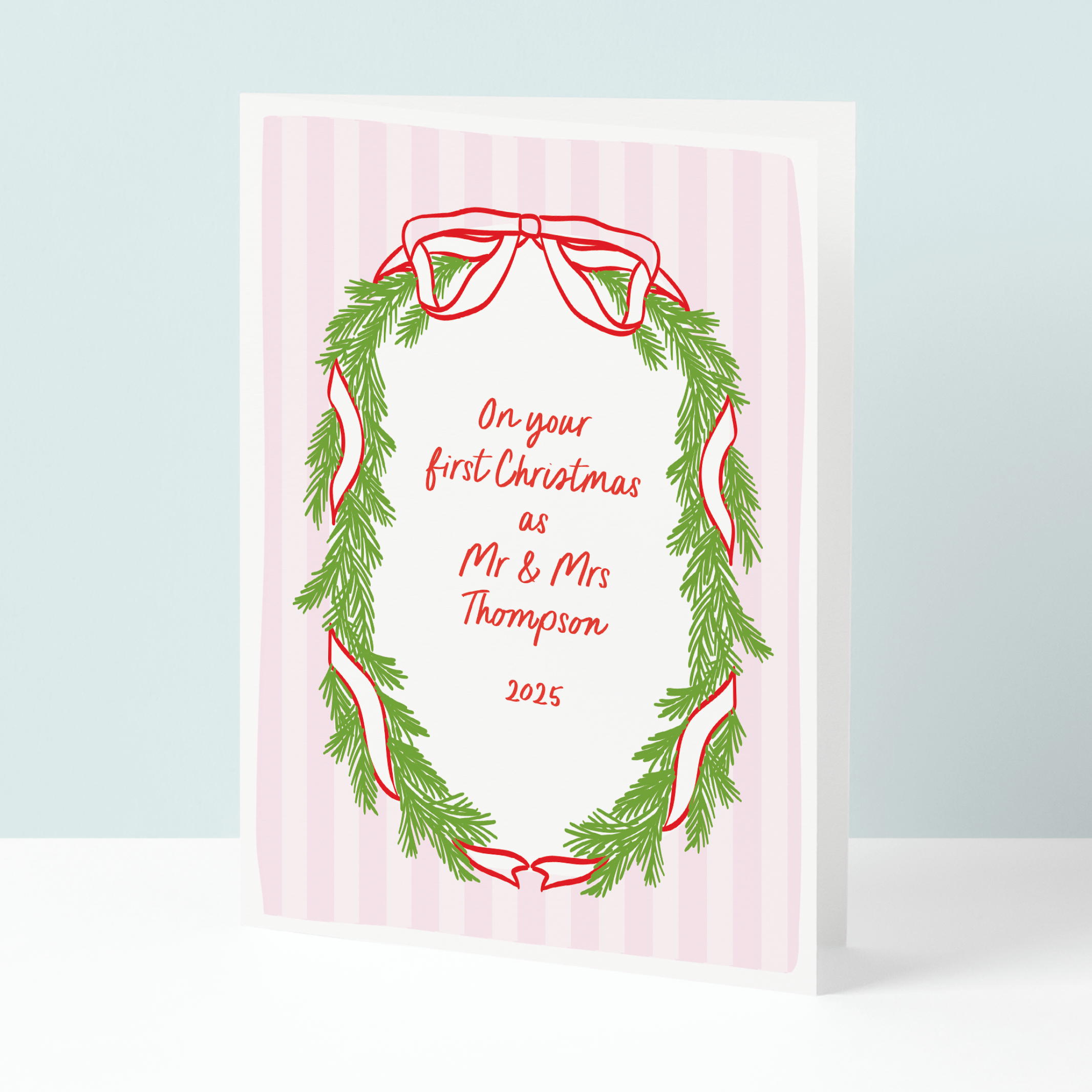 Retro Wreath Mr & Mrs First Christmas card