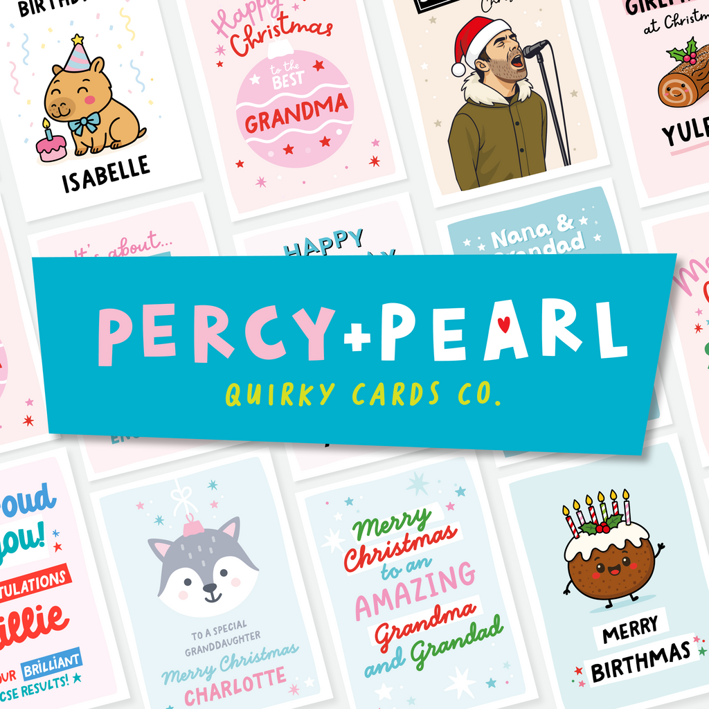 Collection of greeting cards with various designs and text, featuring the brand 'Percy + Pearl'.