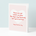 Valentine's Day card with red text on a light pink background